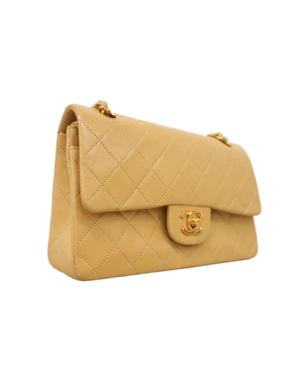Chanel Shoulder Bag Quilted Lambskin Beige Gold